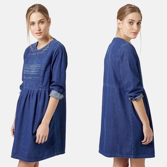 Topshop Dresses & Skirts - TopShop Moto Embroidered Denim Smock Dress